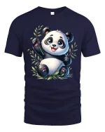 Cute Playful Panda Bamboo Cartoon Graphic T Shirt - navy t-shirt on white background
