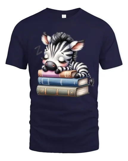 Sleepy Zebra Book Lover Cute Reading Graphic Tee Shirt - navy t-shirt on white background