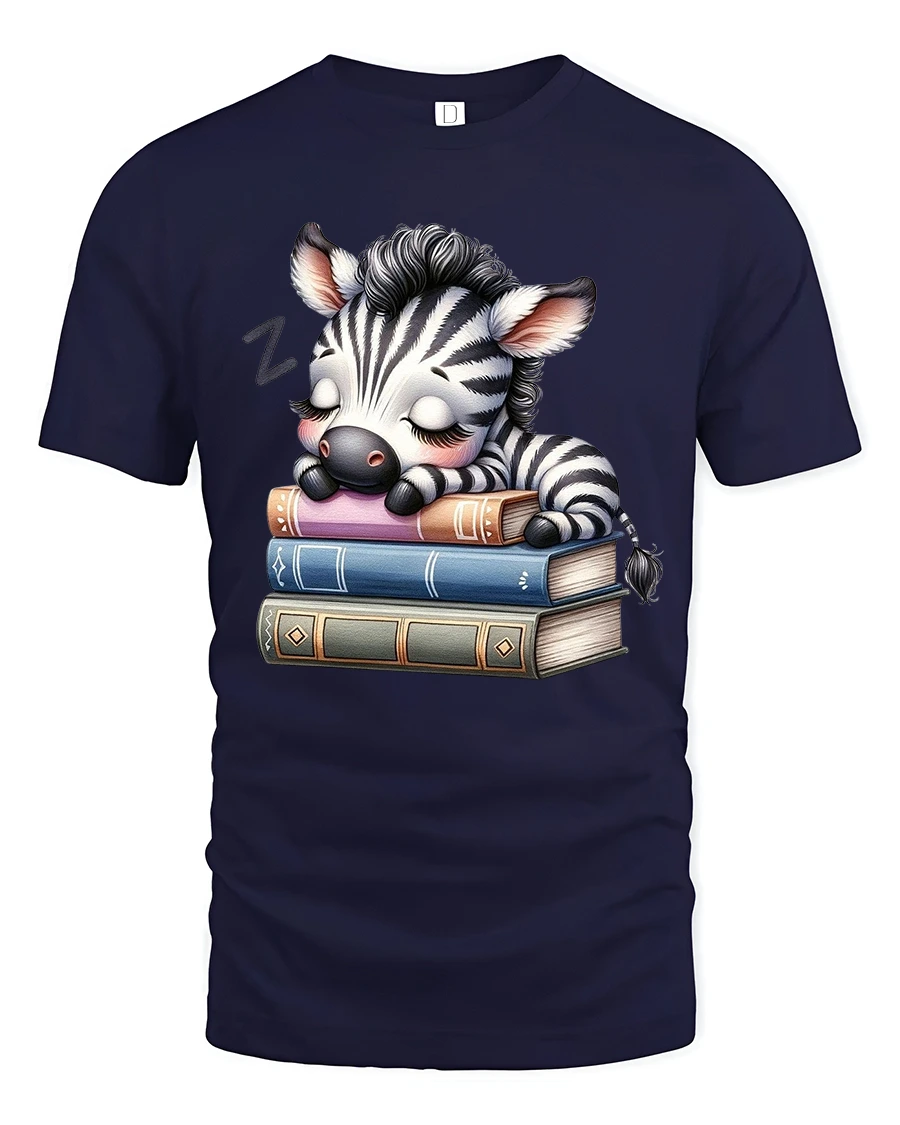 Sleepy Zebra Book Lover Cute Reading Graphic Tee Shirt - 1 Sleepy Zebra Book Lover Cute Reading Graphic Tee Shirt - navy t-shirt on white background