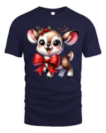Cute Christmas Reindeer Bow Graphic Tee Holiday Animal Tshirt - navy t-shirt on white background