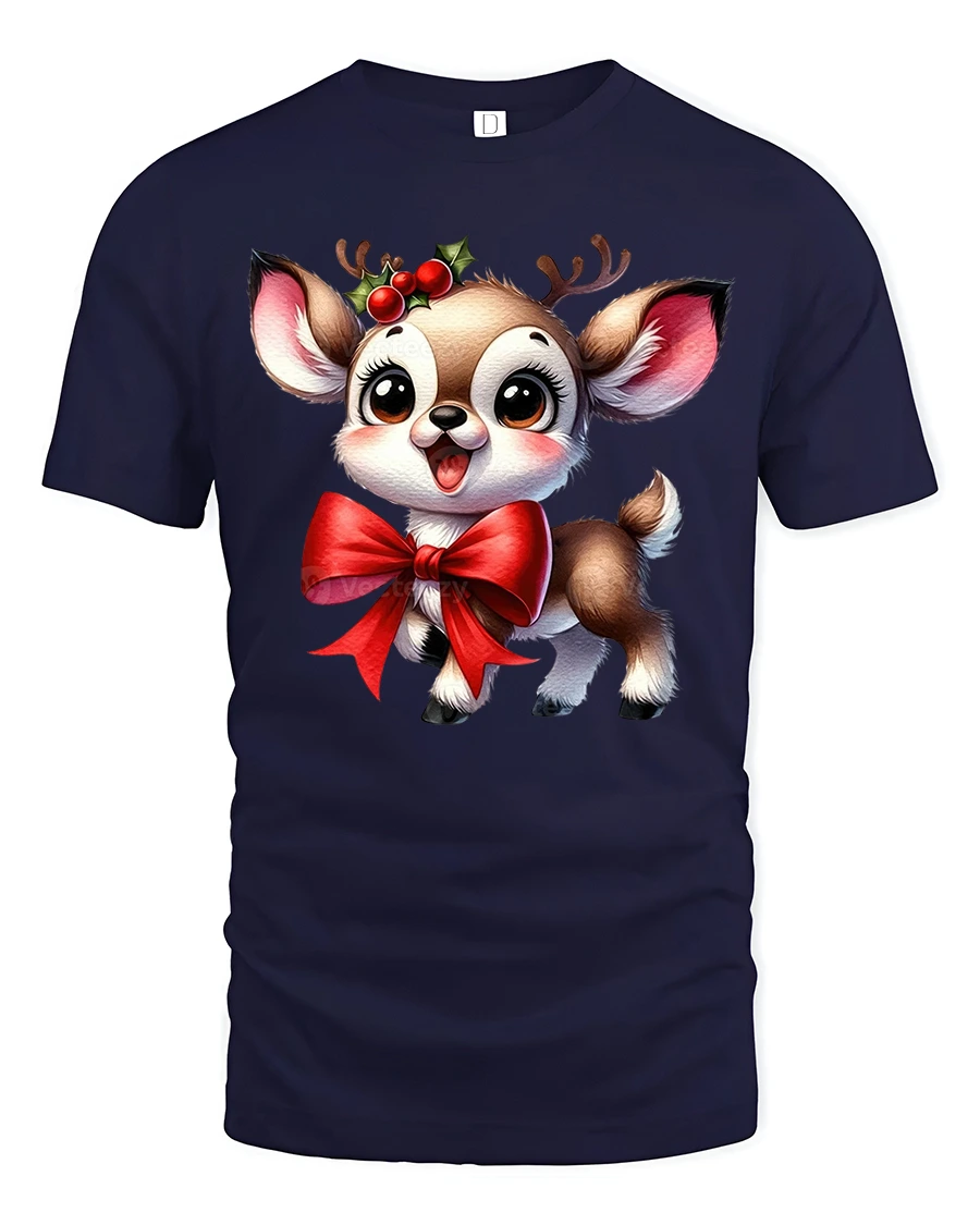 Cute Christmas Reindeer Bow Graphic Tee Holiday Animal Tshirt - 1 Cute Christmas Reindeer Bow Graphic Tee Holiday Animal Tshirt - navy t-shirt on white background