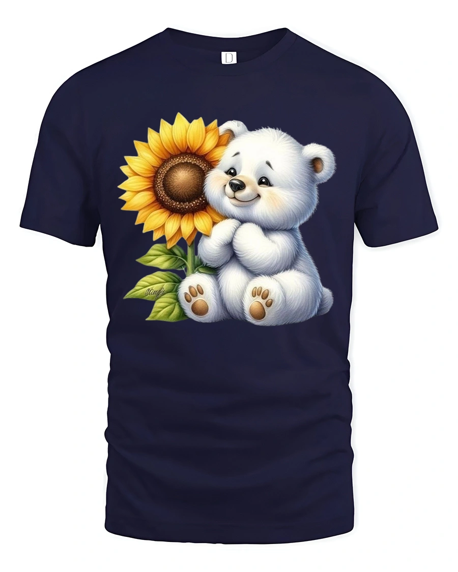 Cute Teddy Bear With Sunflower Smiling Art Graphic Tee - 1 Cute Teddy Bear With Sunflower Smiling Art Graphic Tee - navy t-shirt on white background