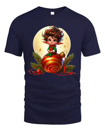 Cute Christmas Elf Sitting On Ornament Festive Graphic Tee - navy t-shirt on white background