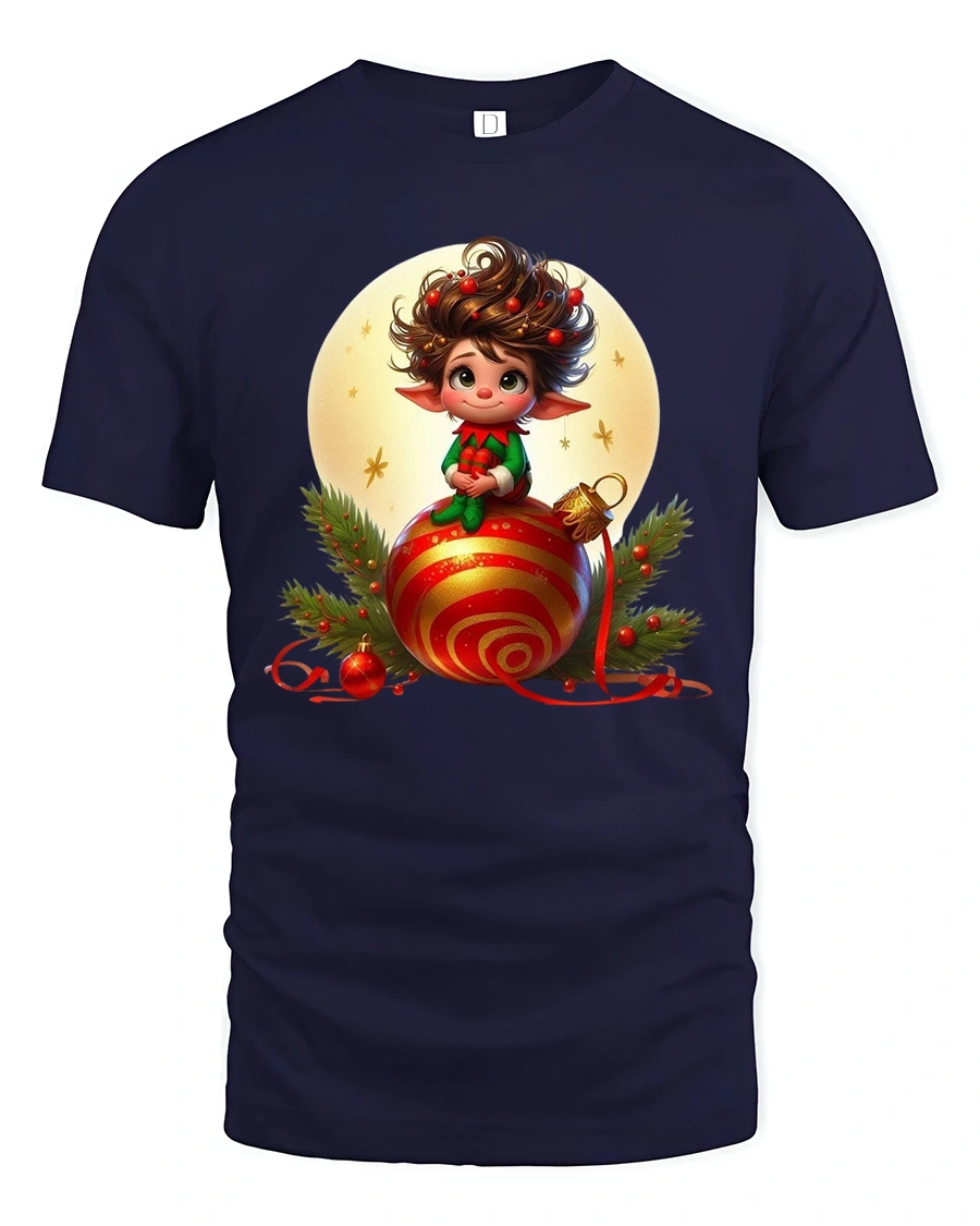 Cute Christmas Elf Sitting On Ornament Festive Graphic Tee - 1 Cute Christmas Elf Sitting On Ornament Festive Graphic Tee - navy t-shirt on white background