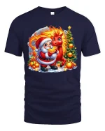 Santa With Fiery Reindeer Magical Christmas Fantasy Graphic Tee - navy t-shirt on white background