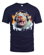Funny Hippo With Headphones Music Lover Art Graphic Tee - navy t-shirt on white background