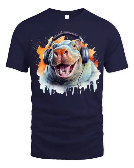 Funny Hippo With Headphones Music Lover Art Graphic Tee - navy t-shirt on white background