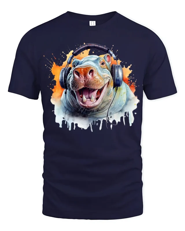 Funny Hippo With Headphones Music Lover Art Graphic Tee - navy t-shirt on white background