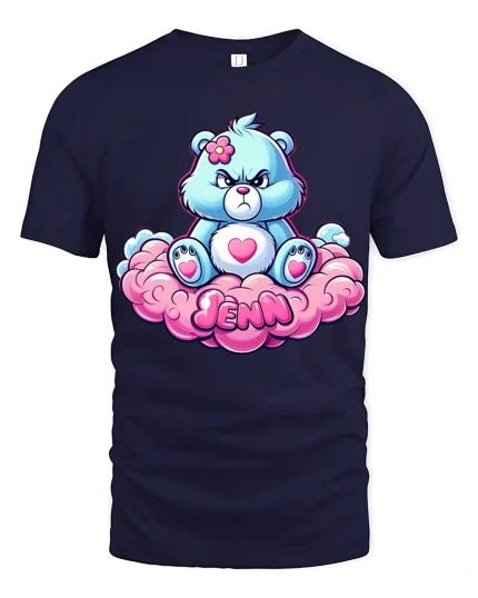 Cute Grumpy Bear Sitting On Cloud Jenn Name Graphic Tee - navy t-shirt on white background