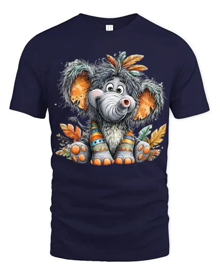 Cute Baby Elephant With Tribal Feathers Cartoon Art Graphic Tee - navy t-shirt on white background