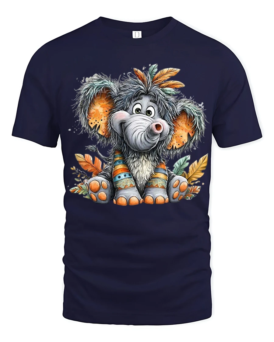 Cute Baby Elephant With Tribal Feathers Cartoon Art Graphic Tee - 1 Cute Baby Elephant With Tribal Feathers Cartoon Art Graphic Tee - navy t-shirt on white background