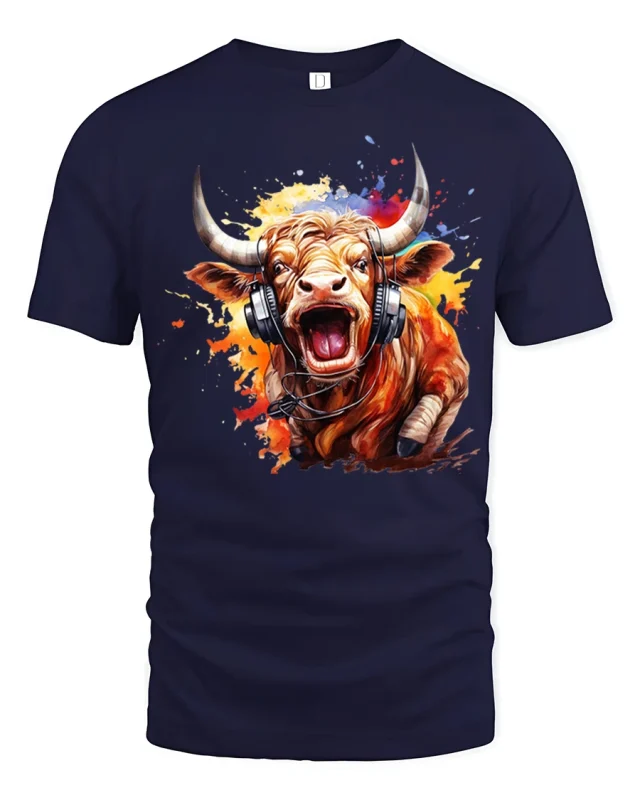 Loud Music Bull With Headphones Street Art Graphic Tee - navy t-shirt on white background