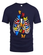Colorful Butterflies Rib Cage Surreal Graphic Tee - navy t-shirt on white background