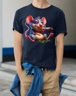 Funny Chill Mouse Cartoon Graphic Relaxed Vibes T Shirt - model wearing navy tee with hands in pockets