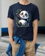 Cute Playful Panda Bamboo Cartoon Graphic T Shirt - model wearing navy tee with hands in pockets