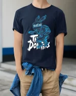 Cyber Bunny Do It Futuristic Street Art Graphic Tee Shirt - model wearing navy tee with hands in pockets