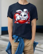 Cute Bunny Heart Love Graphic Tee Shirt Sweet Kawaii Style - model wearing navy tee with hands in pockets