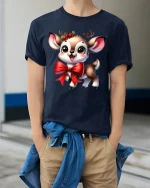 Cute Christmas Reindeer Bow Graphic Tee Holiday Animal Tshirt - model wearing navy tee with hands in pockets