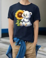 Cute Teddy Bear With Sunflower Smiling Art Graphic Tee - model wearing navy tee with hands in pockets