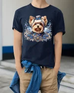 Elegant Yorkshire Terrier Floral Art Luxury Dog Graphic T-Shirt - model wearing navy tee with hands in pockets