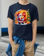 Santa With Fiery Reindeer Magical Christmas Fantasy Graphic Tee - model wearing navy tee with hands in pockets