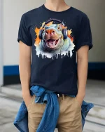 Funny Hippo With Headphones Music Lover Art Graphic Tee - model wearing navy tee with hands in pockets