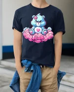 Cute Grumpy Bear Sitting On Cloud Jenn Name Graphic Tee - model wearing navy tee with hands in pockets