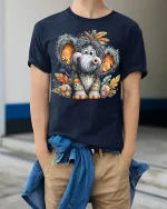Cute Baby Elephant With Tribal Feathers Cartoon Art Graphic Tee - model wearing navy tee with hands in pockets