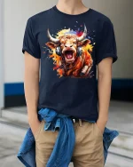 Loud Music Bull With Headphones Street Art Graphic Tee - model wearing navy tee with hands in pockets