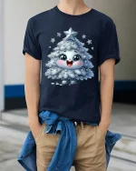 Cute Sparkle Christmas Tree Character Graphic T Shirt - model wearing navy tee with hands in pockets