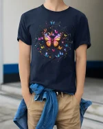 Enchanting Butterfly Web Surreal Graphic Tee - model wearing navy tee with hands in pockets
