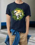 Cute Panda Bamboo Circle Graphic T Shirt - model wearing navy tee with hands in pockets