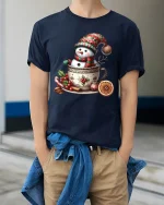 Cute Snowman Cocoa Mug Christmas Graphic T Shirt - model wearing navy tee with hands in pockets