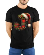 Festive Letter J Christmas Plaid Santa Hat Holiday T-Shirt - model wearing black tee with hands behind back