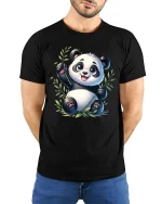 Cute Playful Panda Bamboo Cartoon Graphic T Shirt - model wearing black tee with hands behind back