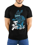Cyber Bunny Do It Futuristic Street Art Graphic Tee Shirt - model wearing black tee with hands behind back