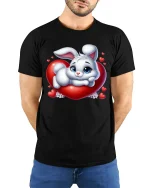 Cute Bunny Heart Love Graphic Tee Shirt Sweet Kawaii Style - model wearing black tee with hands behind back