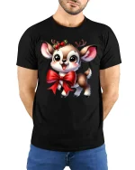 Cute Christmas Reindeer Bow Graphic Tee Holiday Animal Tshirt - model wearing black tee with hands behind back