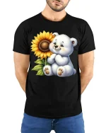 Cute Teddy Bear With Sunflower Smiling Art Graphic Tee - model wearing black tee with hands behind back