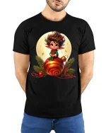 Cute Christmas Elf Sitting On Ornament Festive Graphic Tee - model wearing black tee with hands behind back