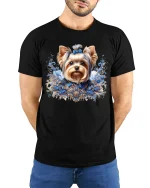 Elegant Yorkshire Terrier Floral Art Luxury Dog Graphic T-Shirt - model wearing black tee with hands behind back