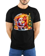 Santa With Fiery Reindeer Magical Christmas Fantasy Graphic Tee - model wearing black tee with hands behind back