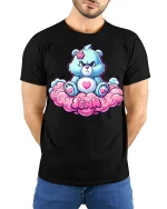Cute Grumpy Bear Sitting On Cloud Jenn Name Graphic Tee - model wearing black tee with hands behind back