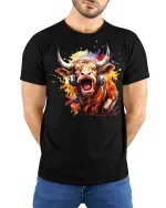 Loud Music Bull With Headphones Street Art Graphic Tee - model wearing black tee with hands behind back