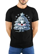 Cute Sparkle Christmas Tree Character Graphic T Shirt - model wearing black tee with hands behind back