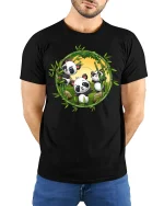 Cute Panda Bamboo Circle Graphic T Shirt - model wearing black tee with hands behind back
