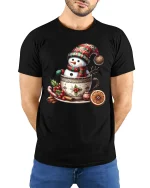 Cute Snowman Cocoa Mug Christmas Graphic T Shirt - model wearing black tee with hands behind back
