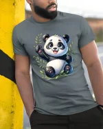 Cute Playful Panda Bamboo Cartoon Graphic T Shirt - model wearing grey tee, leaning on column