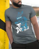 Cyber Bunny Do It Futuristic Street Art Graphic Tee Shirt - model wearing grey tee, leaning on column