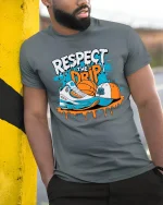Respect The Drip Streetwear Sneaker Art Graphic T Shirt - model wearing grey tee, leaning on column